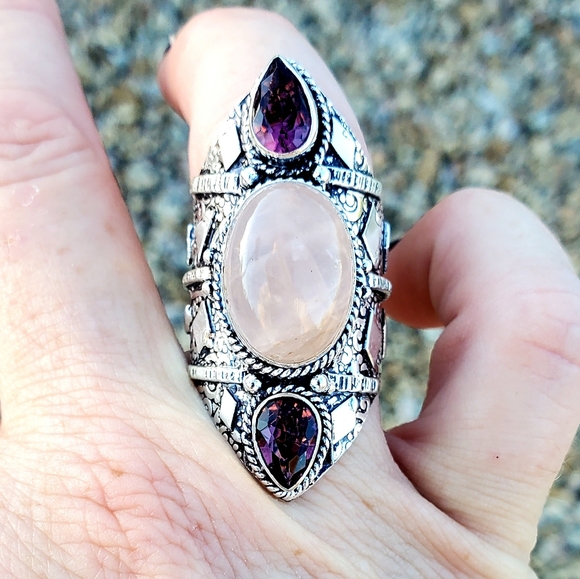 New Rose Quartz and Amethyst 925 Silver Statement Ring. - Picture 11 of 16